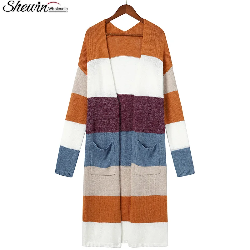 Shewin Wholesale Acrylic Colorblock Open Front Knit Fall Long Sweater Cardigan Women