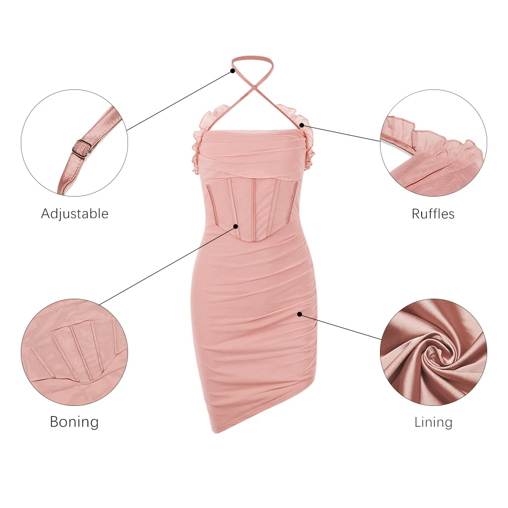 Милое Сетчатое вечернее платье с оборками и перекрестными лямками, элегантное атласное платье миди с лямкой на шее, открытой спиной и скрытой молнией, корсет, коктейльное платье