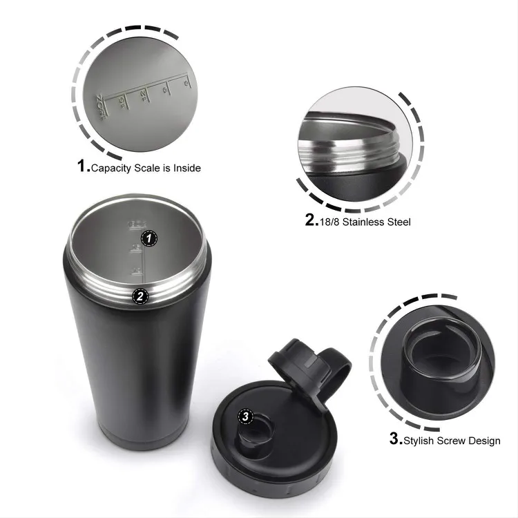 2022 Wholesale Eco Friendly Fitness Metal Blend Shaker Double Wall Stainless Steel Bottle Protein Shakers 600ml