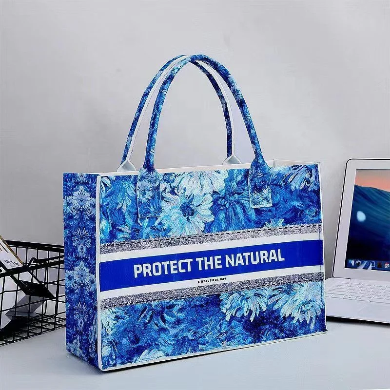 New Oil Painting Style Large Capacity Festival Celebration Women Hand Bag Shopping Gift Felt Tote Bags with Custom Logo