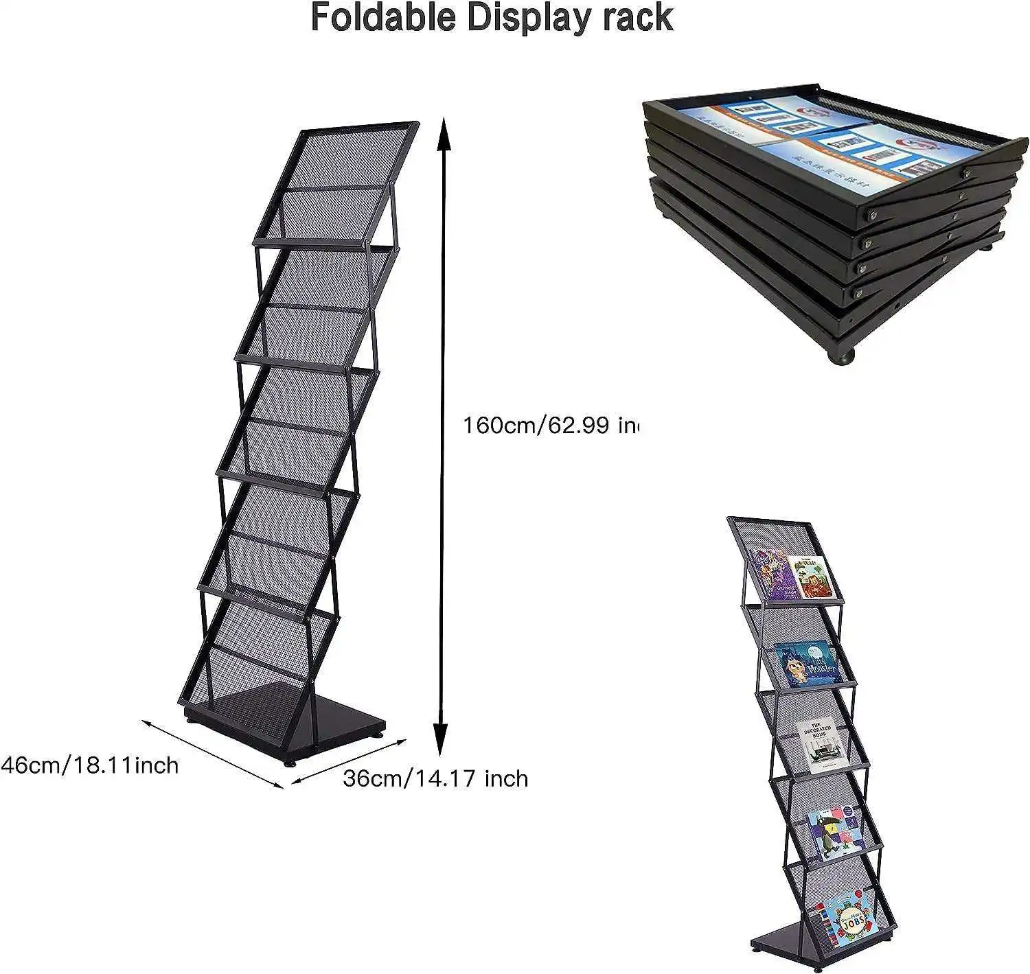 5 Tier Foldable BookShelf Retail Display Stand  Free-Standing Newspaper Information Organizer Storage Rack Holder