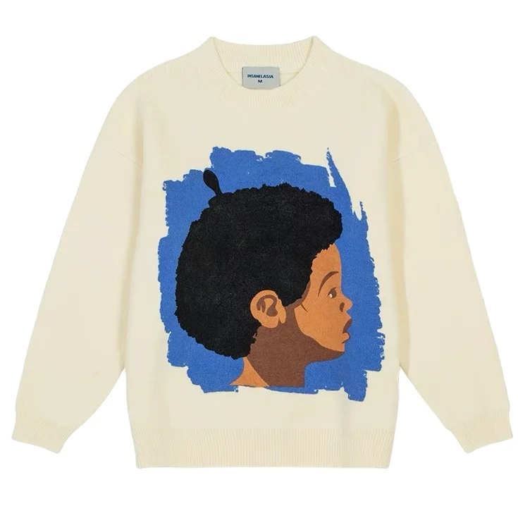 Wholesale custom o neck cream color anime screen printed wool knitted sweater men