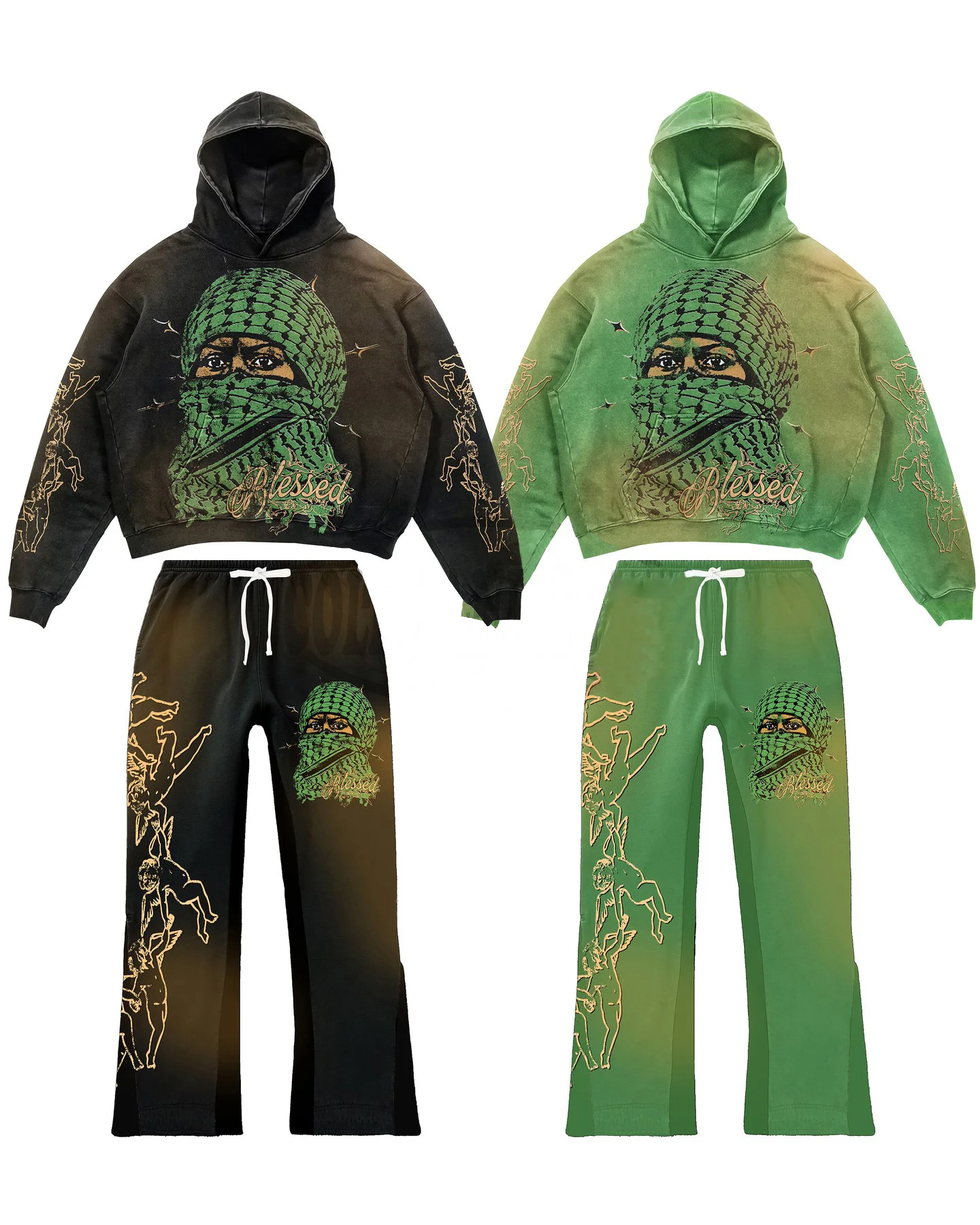 Custom premium unisex vintage 400 gsm sun faded oversized graphic 100% cotton crop streetwear boxy hoodie set