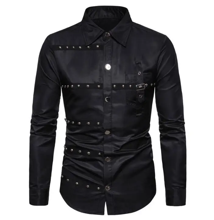 New Men Shirts Goth Style Rivet Patchwork Long Sleeve Cargo Shirt Slim Fit Party Stage For Men Clothing