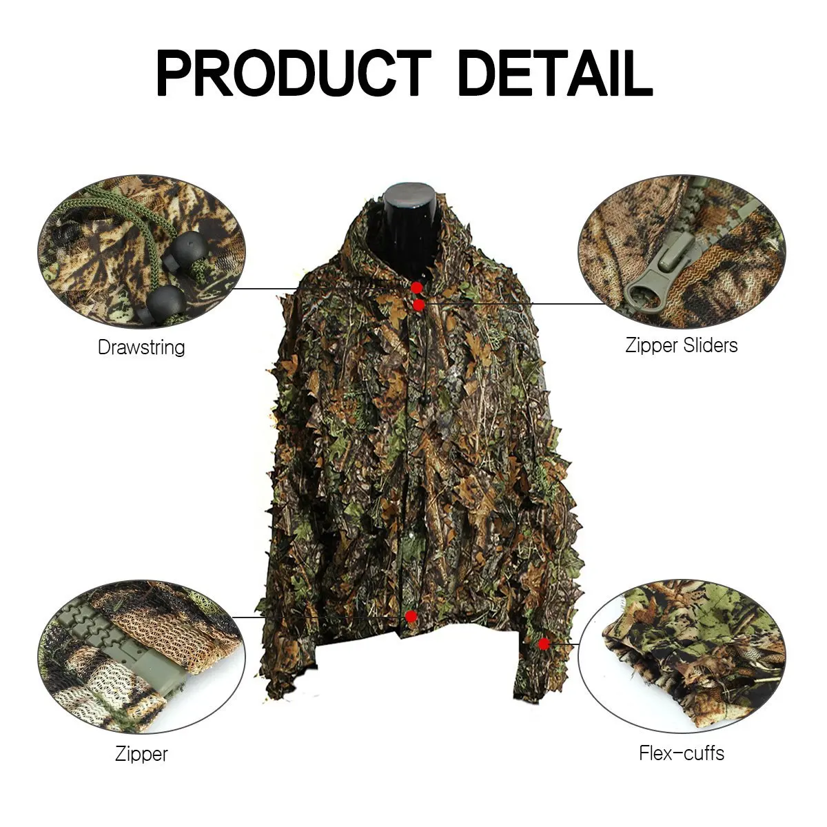 Gujia Woodland Gilly Suit Lightweight Breathable 3D Leafy Camo Jacket Pants Hunting Camouflage Leaf Ghillie Suit for Men Women