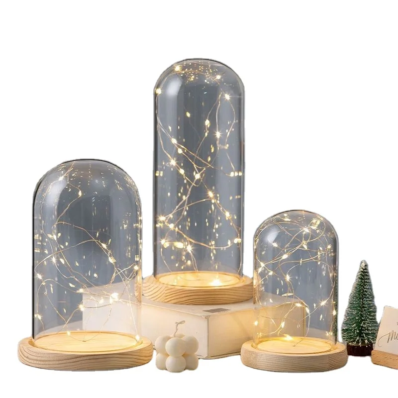 Eternal life flower anti dust glass cover LED light string base side independent metal switch glass dome with wood base