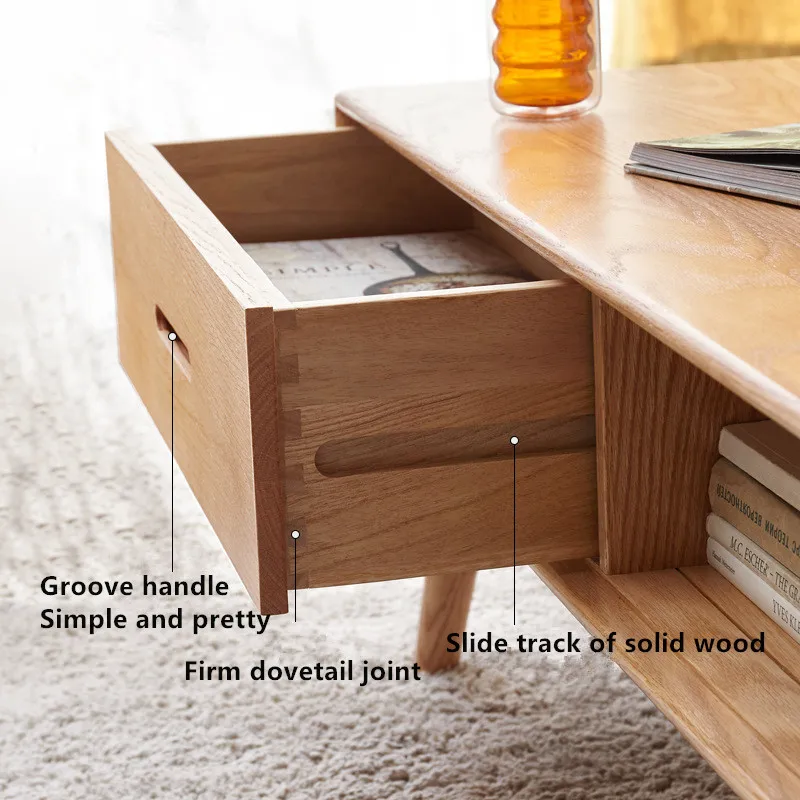 Modern Fashion Simple Style Long Rectangle Oak Coffee Table With Double Drawers