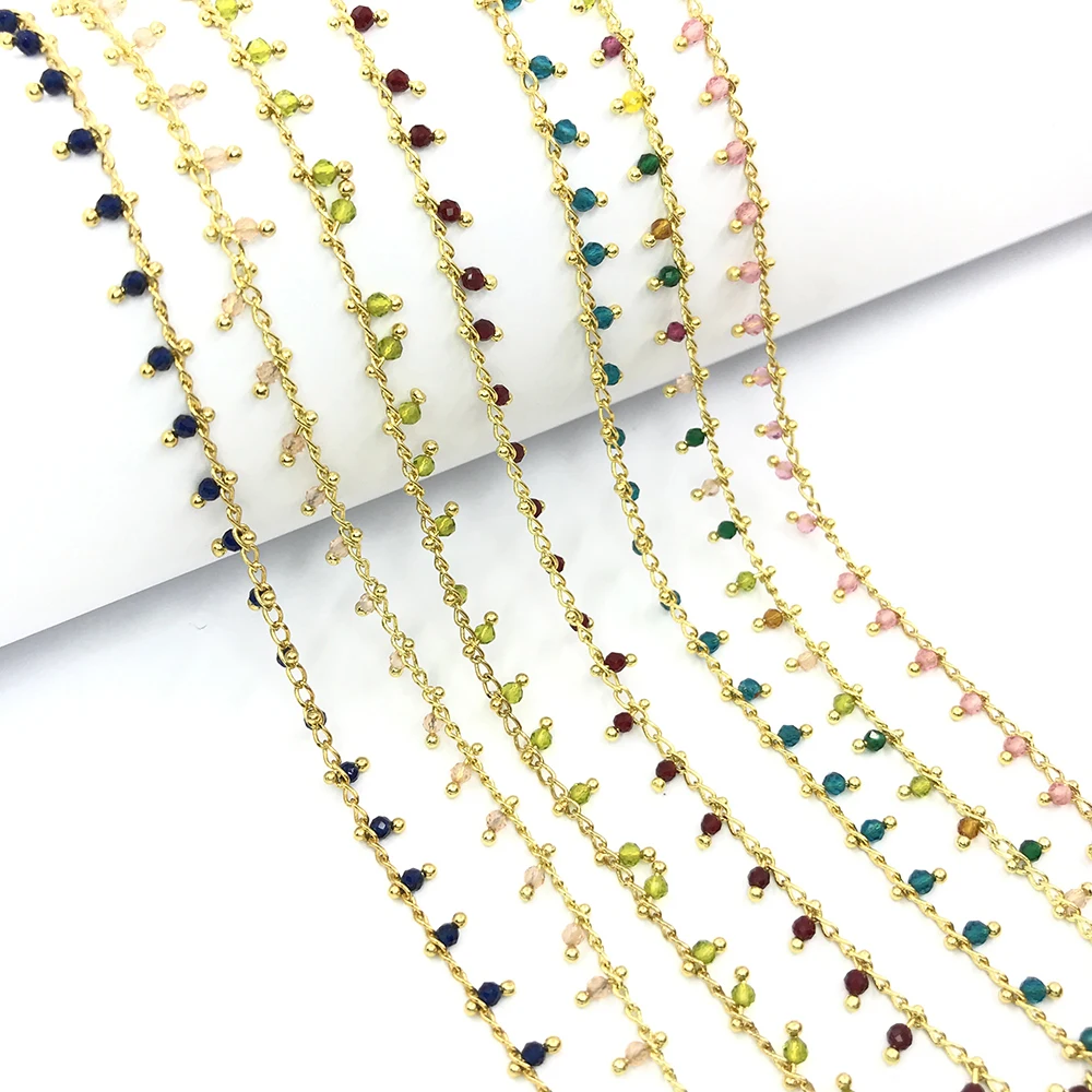 wholesale rare earth material handmade beads chain wire wrapped glass beads chain ,mini round beaded brass chain