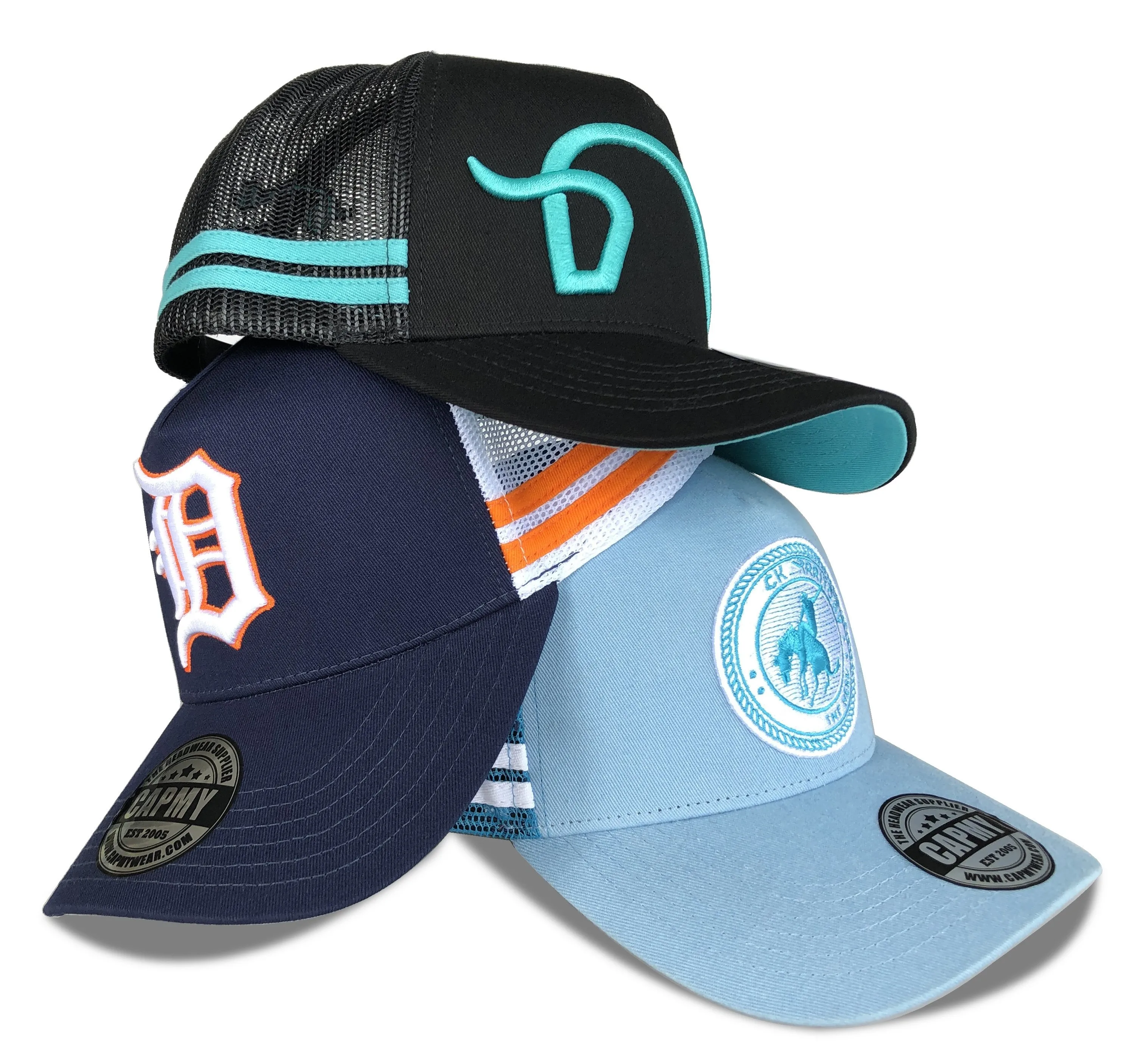 Customised Australia High Profile Embroidery Blue Logo Blue Mesh Trucker Cap Hat 5 Panel Country Trucker Cap With Side 2 Stripe