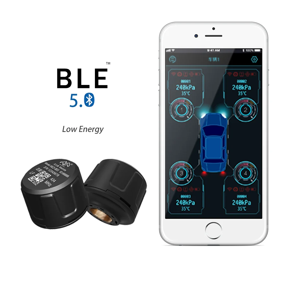 New BLE 5.0 2.4GHz 4 Wheel External Sensor Voice prompt TPMS Tire Pressure Monitor For Tesla