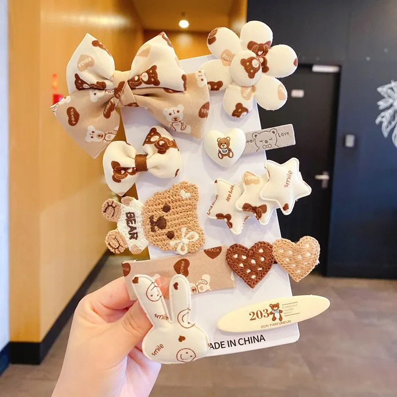 9 Pcs/Set Cartoon Brown Bear Girls Hair Accessories Set Children Kid Sweet Barrettes Fashion Headbands Hair Clips For Baby