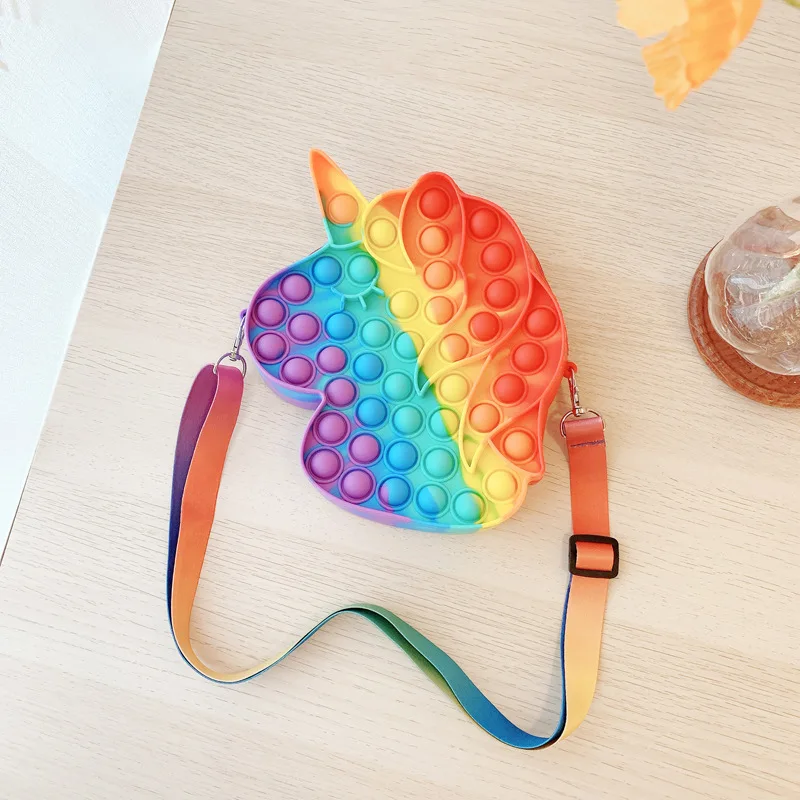 Hot Sale Fashion Silicone Bubble Macaron Cute Unicorn Shoulder Bag Stress Relief Push Bubble Fidget Bag