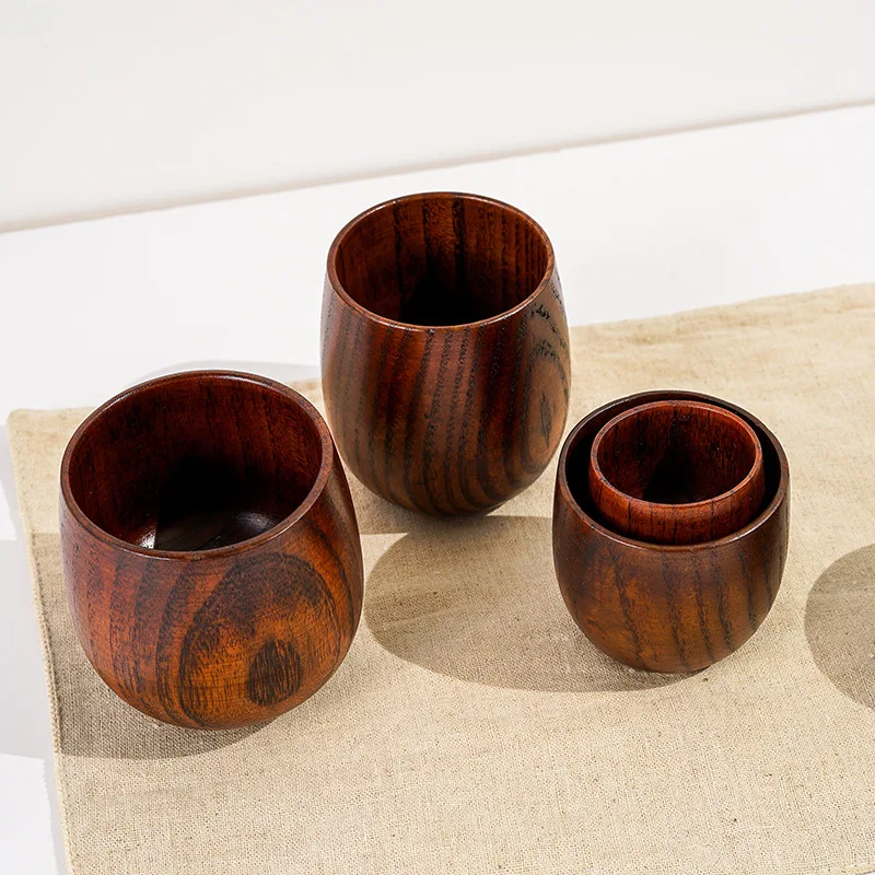 Factory direct can custom logo eco-friendly solid vintage jujube wood grain Big belly wooden coffee drinking tea cup