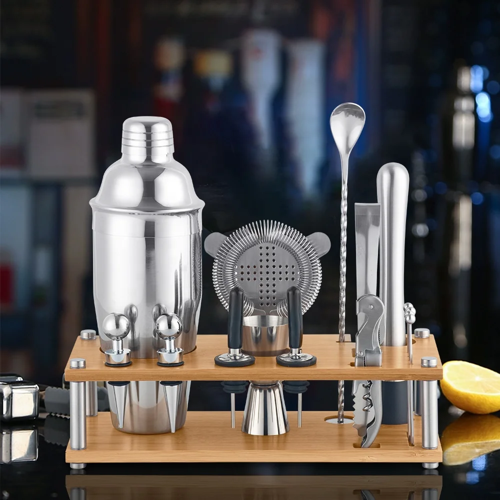 OUYADA Factory Direct Kit Bartender Barware Tools Set 700ml Stainless Steel Boston Shakers Cocktail Bar with Bamboo Wood Stand
