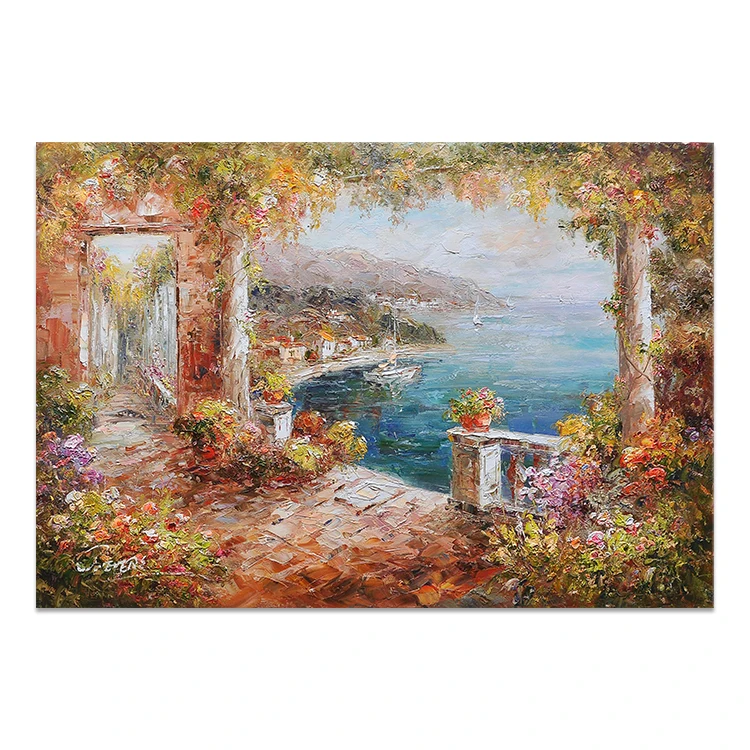 Hotselling Handpainted Palette Knife Mediterranean Seascape Painting with Boats