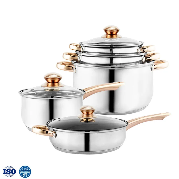Amazon Hot Sale Gold Plated Handle Stainless Steel 6 piece 12pcs Cookware Kitchen Cooking Milk Pot Stew Pot