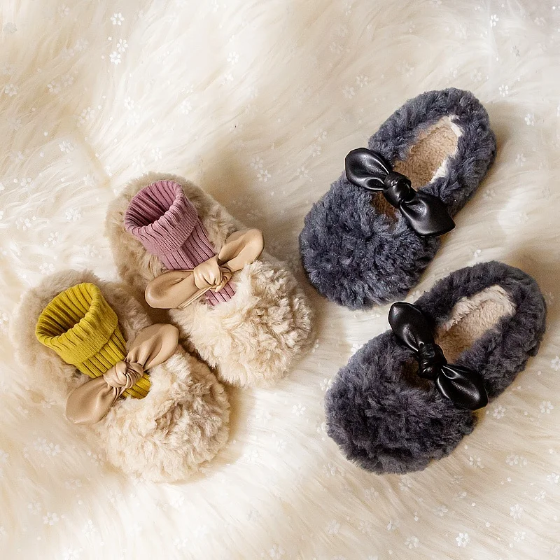 2021 Fall Winter Indoor Outdoor Soft Rubber Sole Non Slip Thick Warm Plush Cotton Baby Girl Shoes