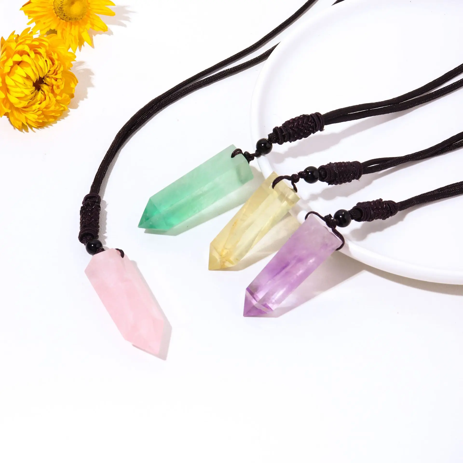 Hot Selling Natural Crystal Column Crystal Agate Birthstone Raw Stone Polished Hexagonal Pendant Diy Crystal Jewelry Necklace