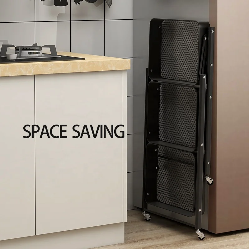 Modern Metal Folding Storage Kitchen Rack Storage Foldable Kitchen Trolley With Wheels