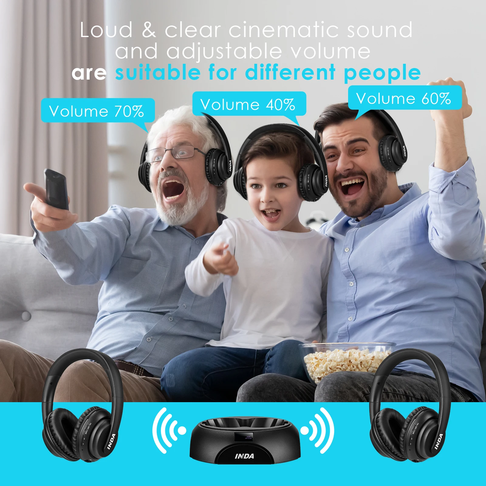 Headphones for TV, wireless stereo headset for TV viewing with charging station INDA YH710