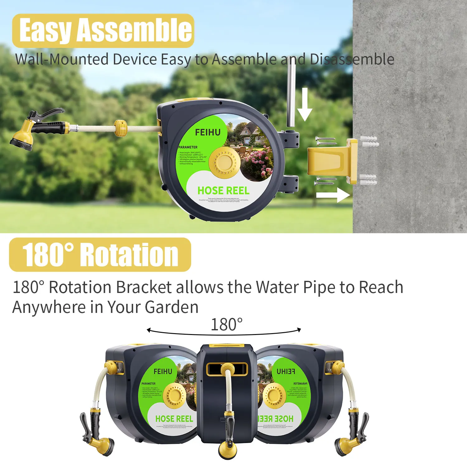 High 50FT Retractable Garden Hose Reel Wall Mounted Metal Water Hose Reel Smooth Automatic Rewind Lock Flexible Expandable