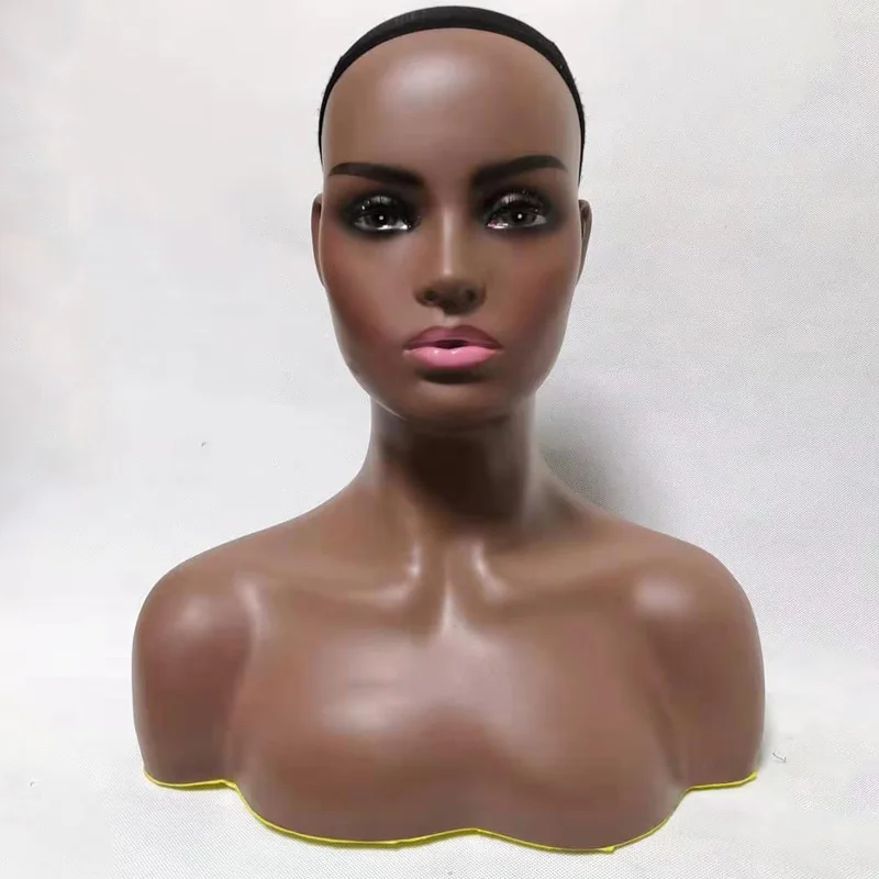 Female Makeup Mannequin Head for Wig Display Realistic Head Mannequins with Shoulder Wholesale Dark Skin Training Head Mannequin