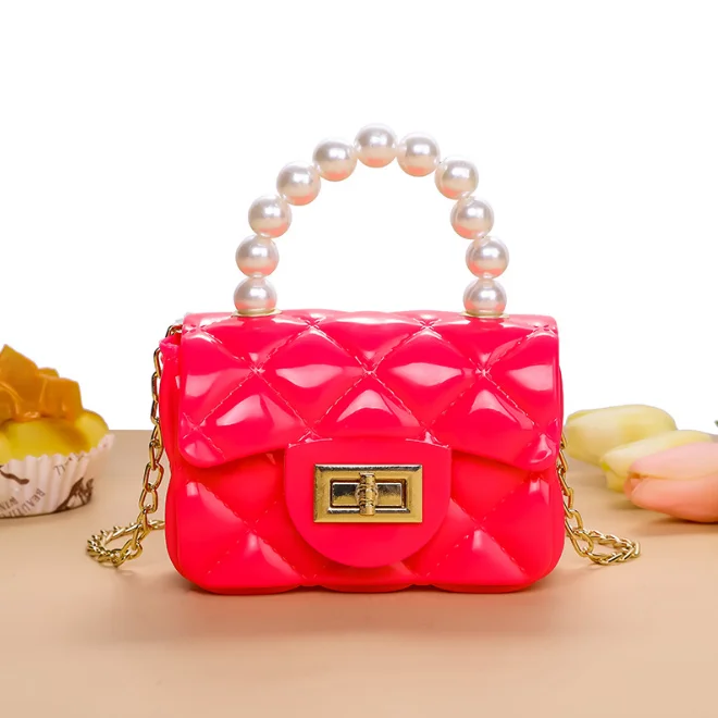 
KS4118 Multi colors kids pvc mini bag wholesale pearl handle girls kid jelly bag 