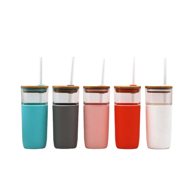 Multi-Colors Custom Silicone Sleeves Bamboo Lids Glass Clear Travel Drink Tumbler with Straw