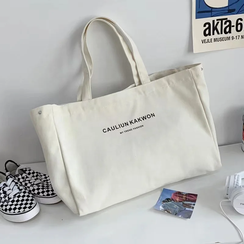 High-capacity thick and solid literary girl canvas bag custom logo eco cotton tote shopping bag with zipper and pocket