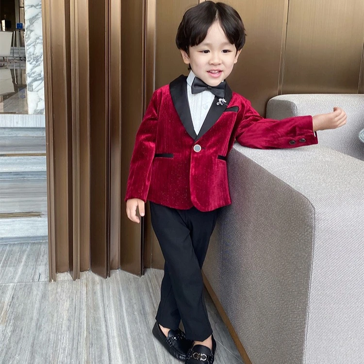 NIMBLE Velvet Red Shawl Collar Boys Formal Wedding Dress Suits Blazers Kids Designers Clothes 3 Pieces Gentleman Jact Clothing