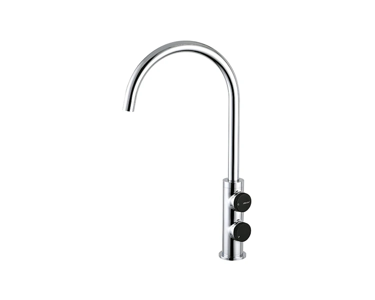 OMASA curved spout double knob switch hot cold water rotary deck mounted brass sink mixer