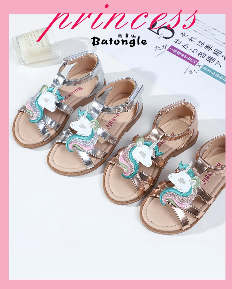 Кожаные Мягкие Повседневные детские сандалии Guangzhou Huidong с мультяшным единорогом, модные детские сандалии на плоской подошве для девочек