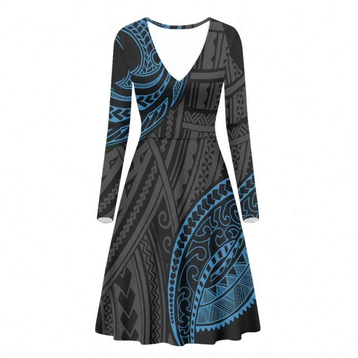 Elegant Casual Long Sleeve V-neck Dress Polynesian Tattoo Totem Hibiscus Print Leave Print Custom Holiday Dresses For Women