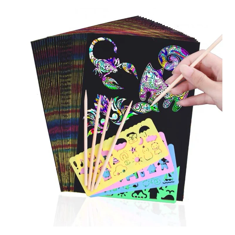 Factory Supply Children Diy Black scratch off cards Rainbow Scratch Art Paper with stencils and brush