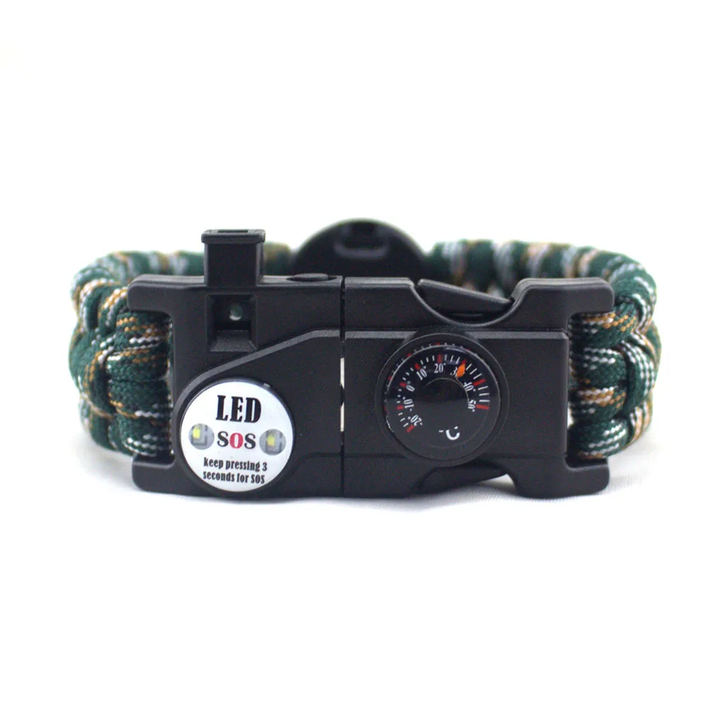Multifunctional 20 in 1 SOS Detachable Compass Survival Bracelet, Factory Professional Portable Weaving LED Paracord Bracelet