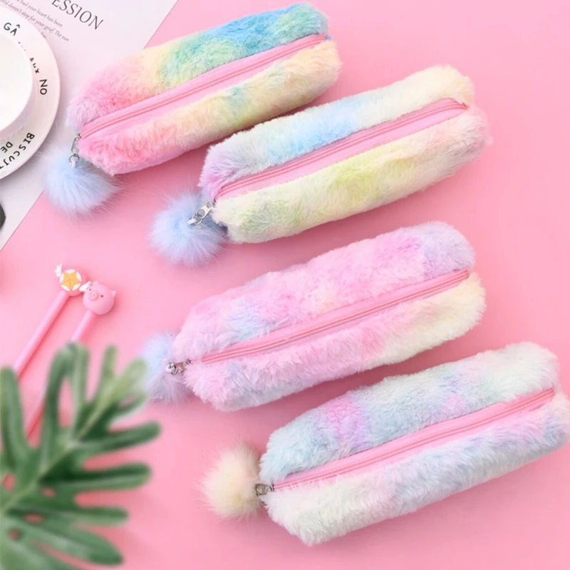 Korean version creative pencil case gradient cute girl plush octagonal pencil case girl heart student simple storage bag