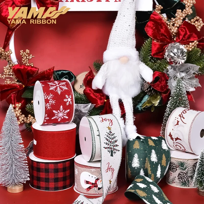 Yama Ribbon Large Stock 63MM/38MM Width Burlap Christmas Wired Edge Ribbon For Wreath Tree Decoration