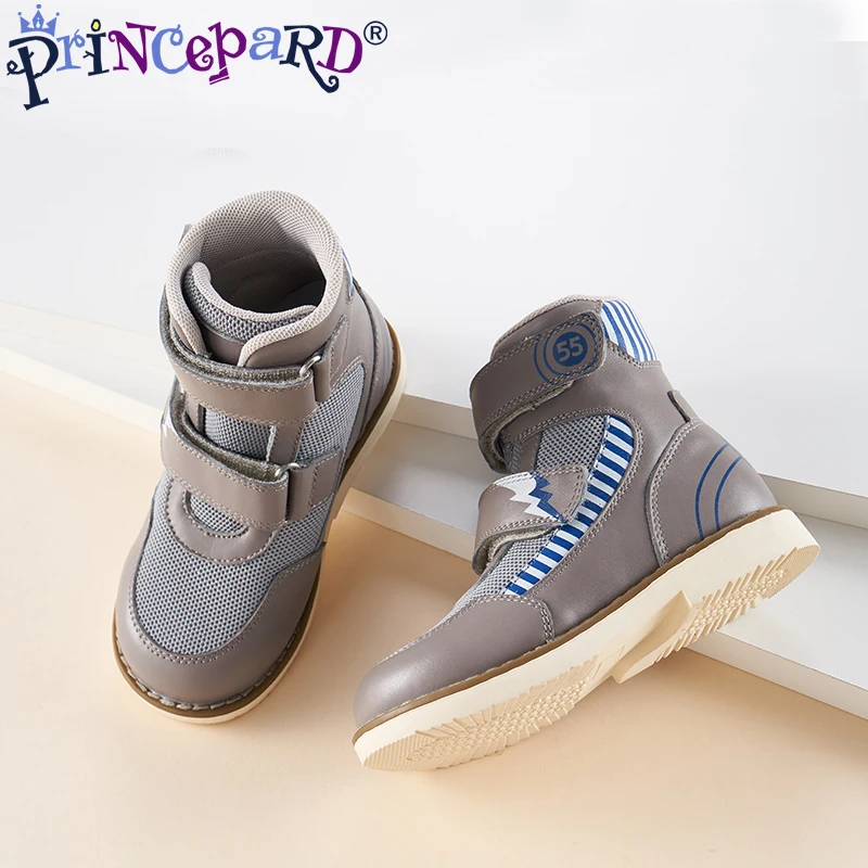 Ортопедические детские ботинки Princepard с поддержкой свода стопы, кожа для мальчиков и девочек, розовые, серые, Осенние ортопедические ботинки