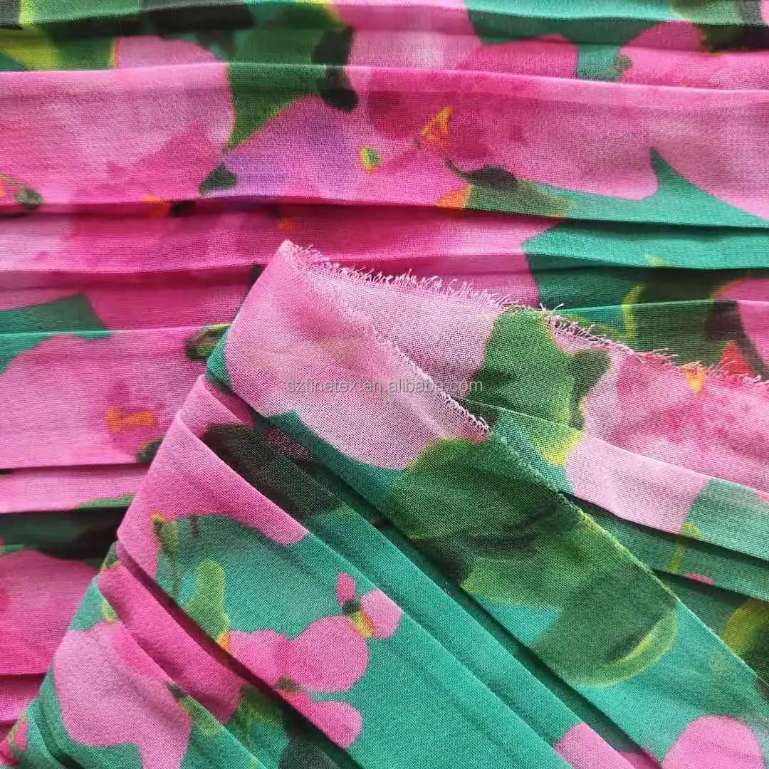 
custom printed polyester crepe crinkle fabric pleated chiffon fabric tulle textile for dress shirts 