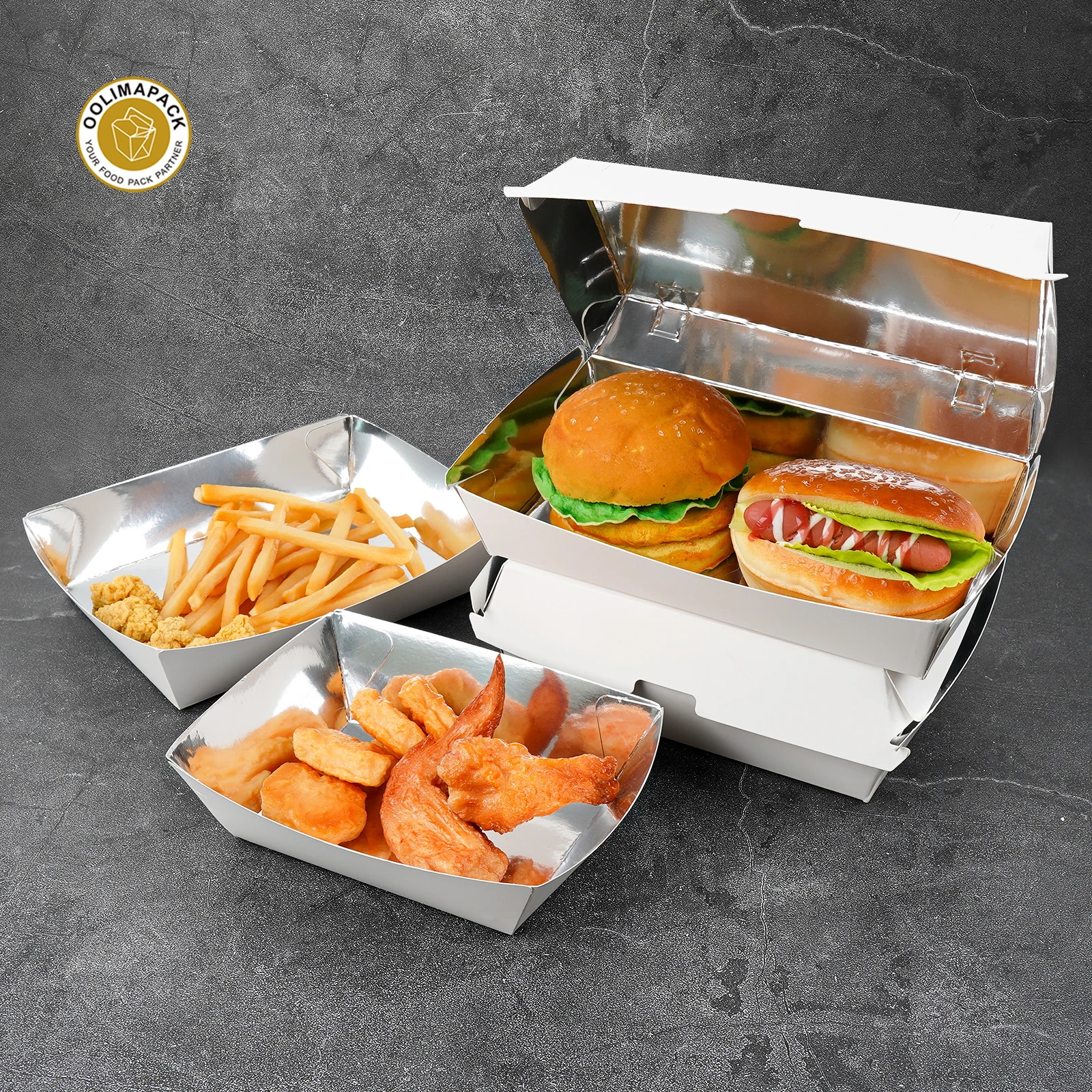 OOLIMAPACK Eco Friendly Aluminum Paper Food Tray / Aluminum Paper Burger Box Waterproof,Oil Proof And Thermal Insulation