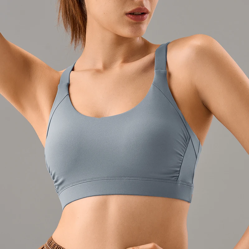 New Fitness Workout Gym 20 Spandex 80 Nylon Breathable Pleated Spandex Cross Back Custom Logo Yoga Sports Bra For Women