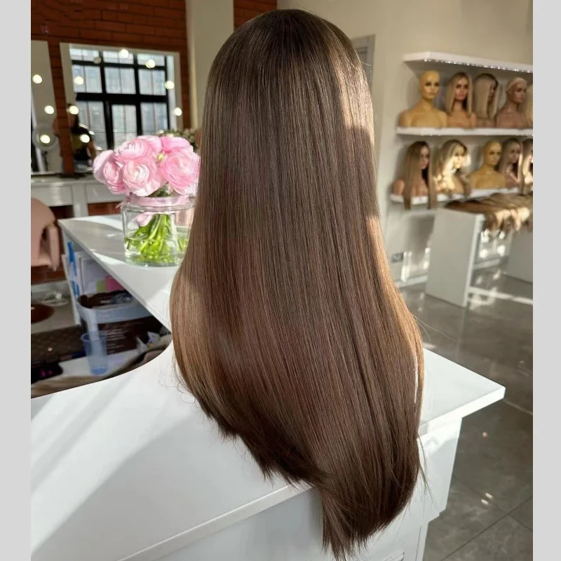 Deals Brown Balayage Straight Human Hair Wigs Unprocessed European Cuticle Aligned Hair Highlight Brown Lace Front Wigs