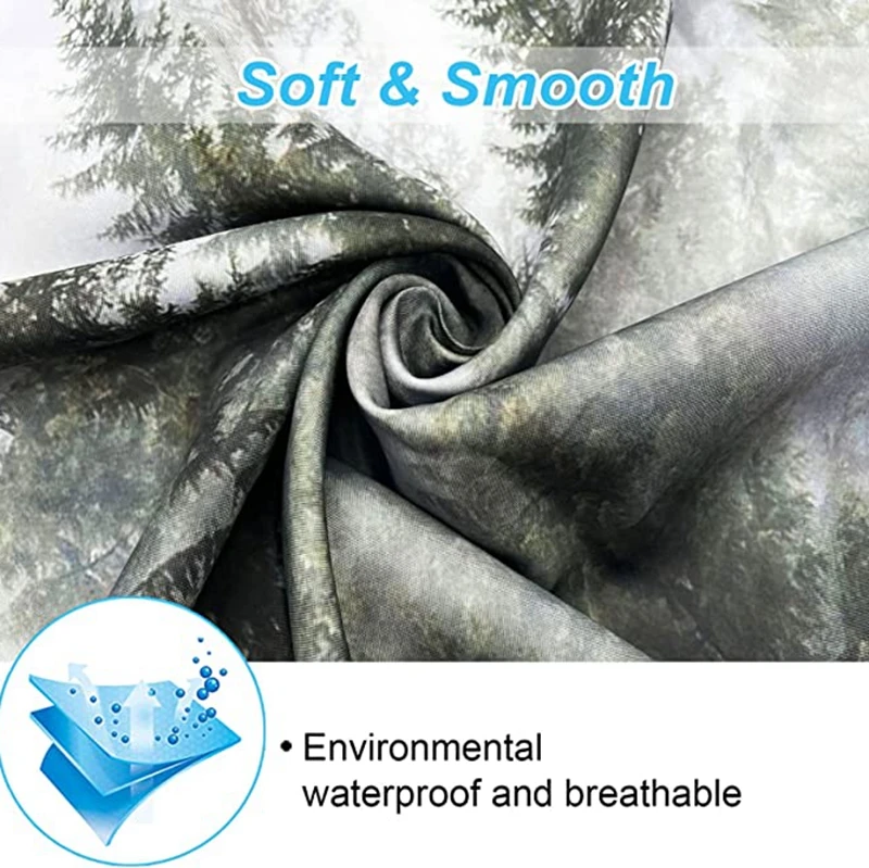 Fashional design misty forest logo waterproof polyester bathroom shower curtains with hooks