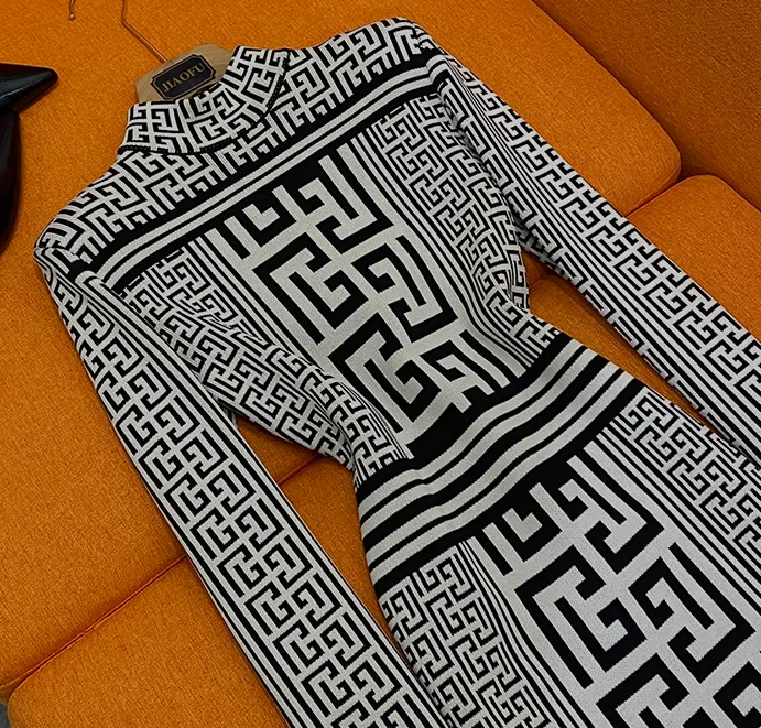 2024 Newest Designed Geometric Pattern Spring Lady Long Sleeve Stand Collar Slim Fitted Women Knit Short Dress