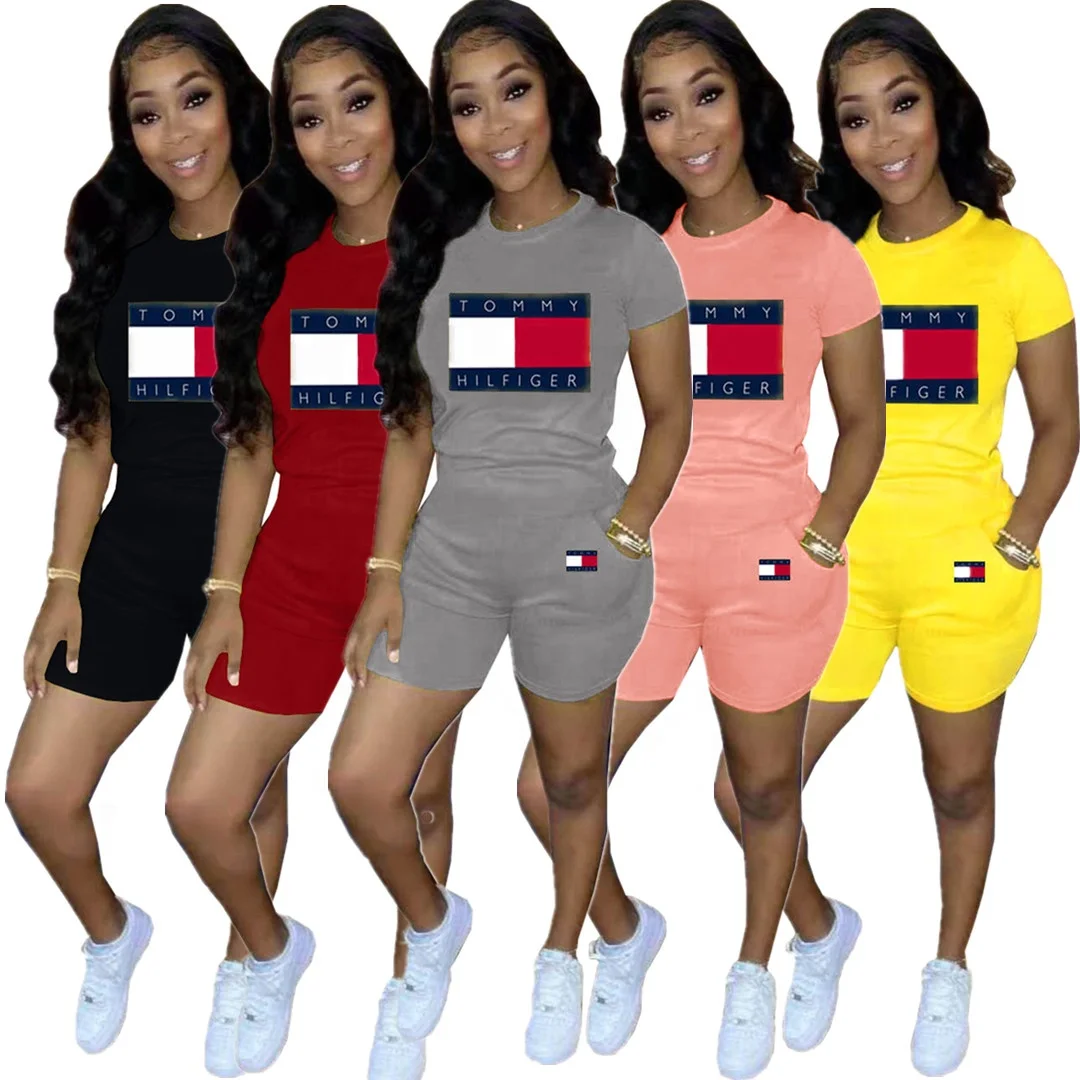 
women clothing 2021 summer Solid Color Printed Sports designer clothes famous brands women two piece short set with Pockets 