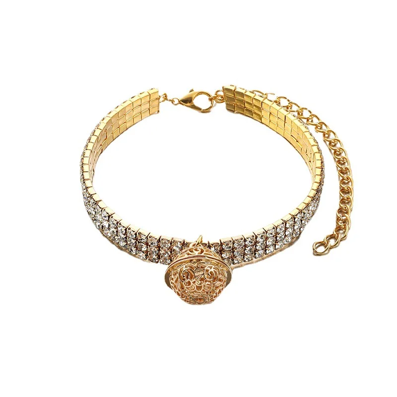 NJC Wholesale Luxury Resilient Bling Crystal Rhinestone Pet Necklace Jewelry Cat Dog Shiny Collar With Bell Pendant