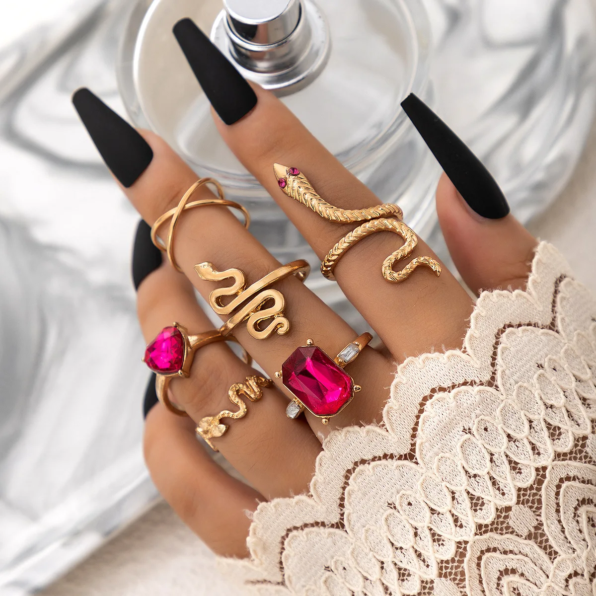 Heart and square ruby diamond inlaid serpentine cross ring 6-piece set unisex fashion six pieces ring set