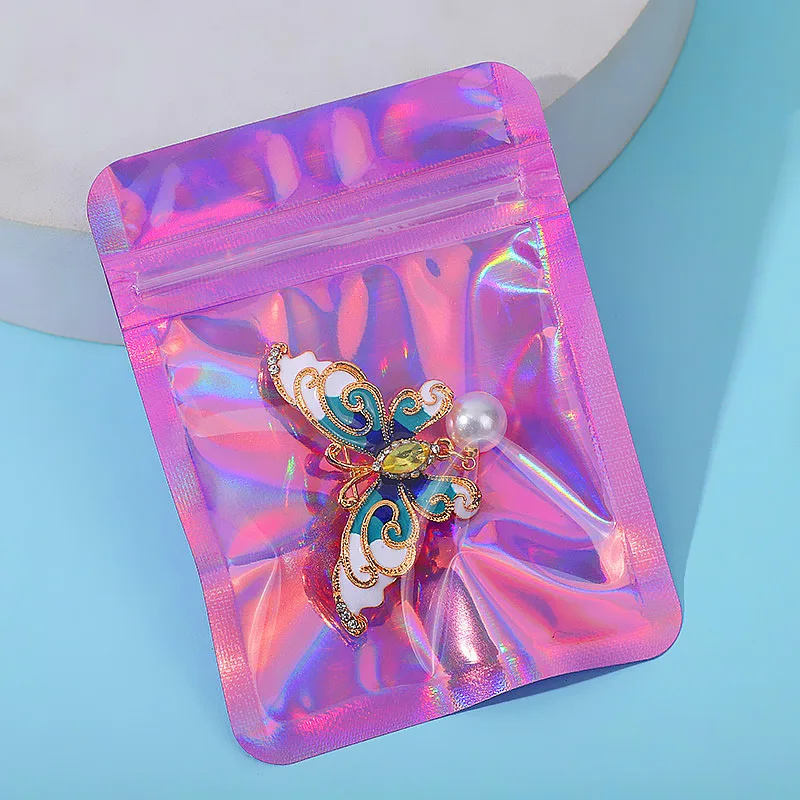 In stock transparent Resealable holographic pink zip bag for Jewelry