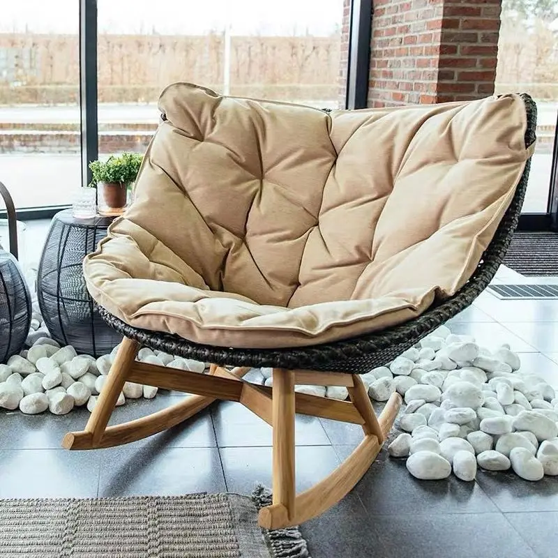 Garden Replica Furniture Porch Terrace Rattan Husk Pad Lounger Rocking Chair With Ottoman