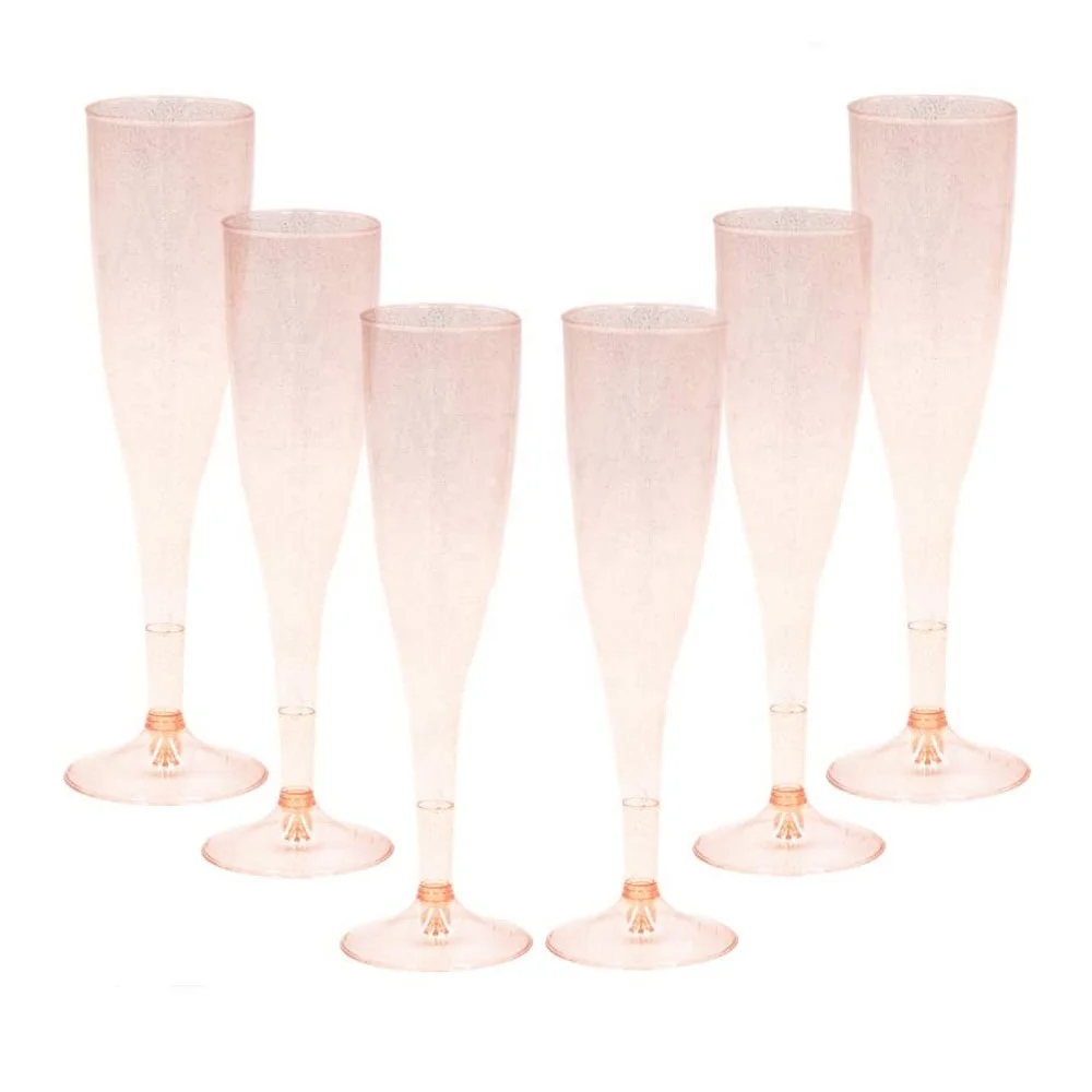 HAWIN 6 pack 6.5OZ Gold Glitter Plastic Party Glass Wedding Birthday Party Champagne Glass Toasting Flutes